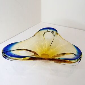 Vintage Murano Sommerso Style Italian Art Glass Triangle Bowl Blue Amber 3 Lobe